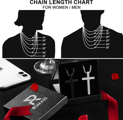 2 Pcs Cross Necklace for Men Boys,Stainless Steel Pendant Silver Black Gold Crosses Chain Jewelry Gifts Box 16-30 Inches