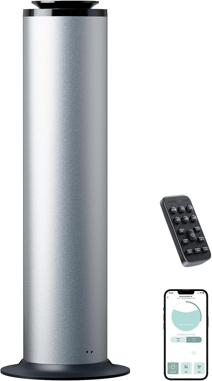 2800 Sq.Ft Floor Standing Waterless Diffuser, 600Ml Scent Air Machine for Home Hotel Scent Diffuser Cold Air Essential Oil Diffuser for Large Room Office, APP and Remote Control (Silver Grey) - WORLD TIME VISITS