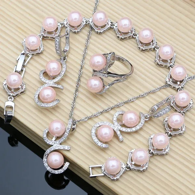 Luxury Silver 925 Jewelry Sets for Women Shiny Pink Pearl Bracelet Topaz Earrings Ring Necklace Sets Gift for Her Dropshipping - WORLD TIME VISITS