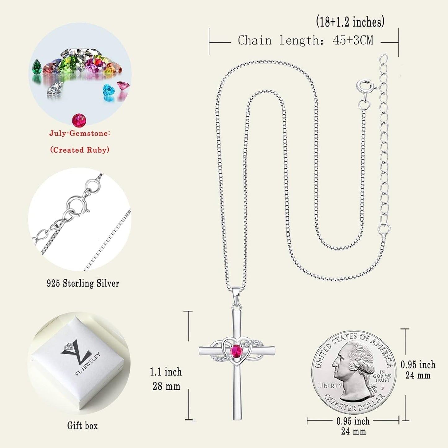 Women'S Cross Necklace Sterling Silver Infinity Heart Crucifix Pendant Gemstones Criss Jewelry