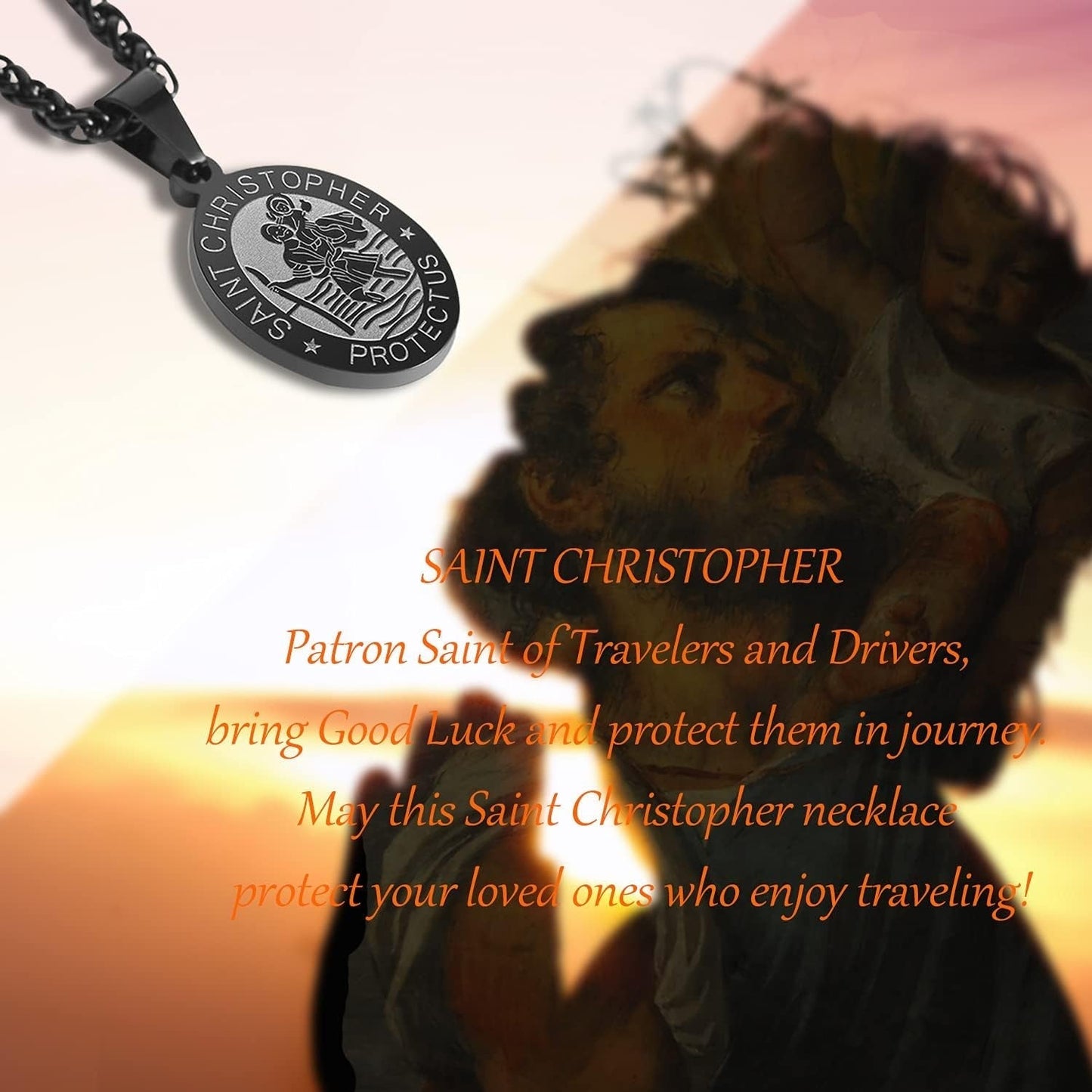 Oval Saint Christopher/Michael/Joseph/Virgin Mary/Florian/Jude Pendant Medal Necklace, Catholic Stainless Steel Wheat Chain 24 Inches - WORLD TIME VISITS