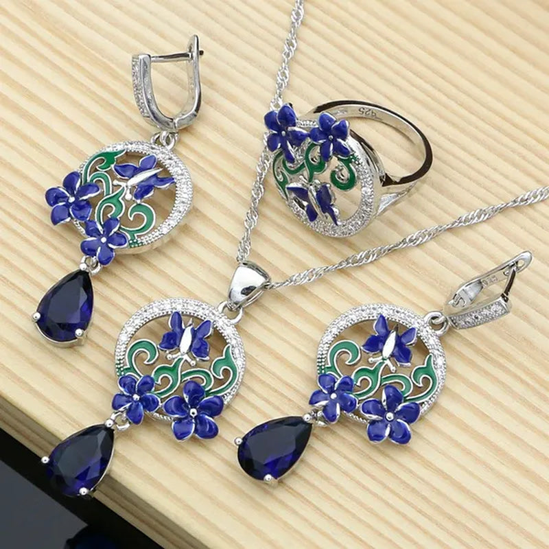 Purple Amethyst Silver 925 Jewelry Sets Charm Enamel Butterfly Flower Earrings Women Handmade Decoration Jewellry
