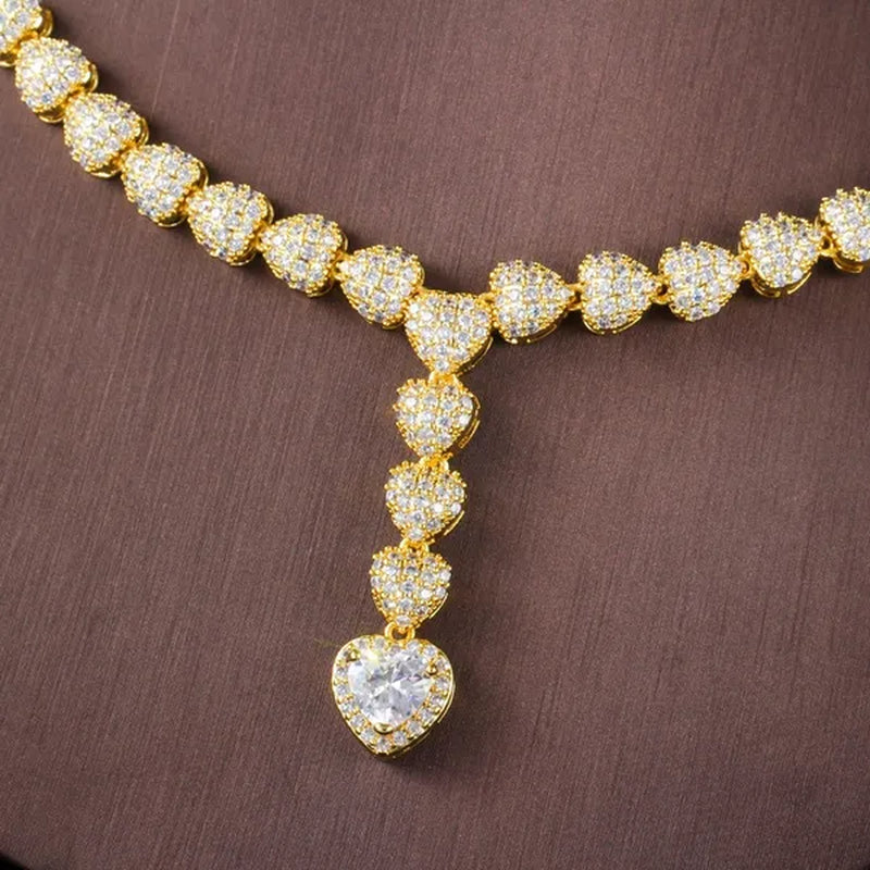 CANDICE Romantic Heart Charm Drop Necklace Earrings Bracelet Set with Cubic Zirconia Gold Filled Women Ethiopian Jewelry Set for Banquet Party
