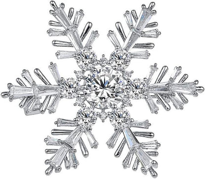 White Gold Plated Cubic Zirconia CZ Winter Art Deco Snowflake Flower Clear Brooch Pin for Women Lady - WORLD TIME VISITS