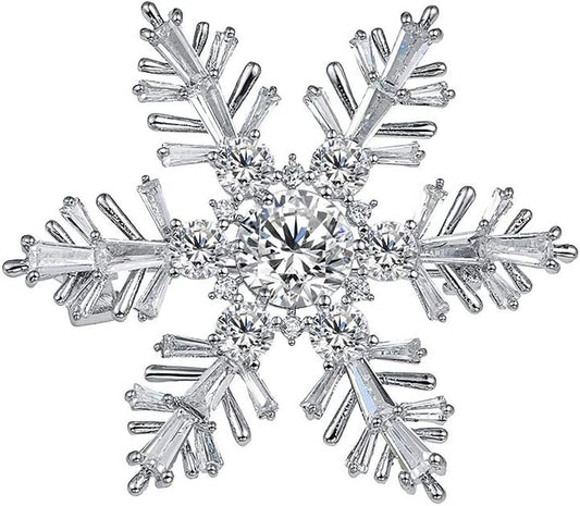White Gold Plated Cubic Zirconia CZ Winter Art Deco Snowflake Flower Clear Brooch Pin for Women Lady - WORLD TIME VISITS