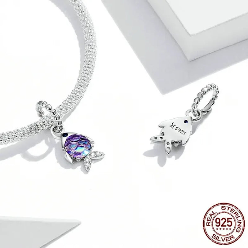 925 Sterling Silver Cute Small Fish Pendant Charm Colored Gemstone Scales Dangle Charm Fit Charm Bracelets & Necklaces DIY Jewelry Making