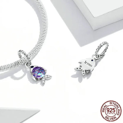 925 Sterling Silver Cute Small Fish Pendant Charm Colored Gemstone Scales Dangle Charm Fit Charm Bracelets & Necklaces DIY Jewelry Making