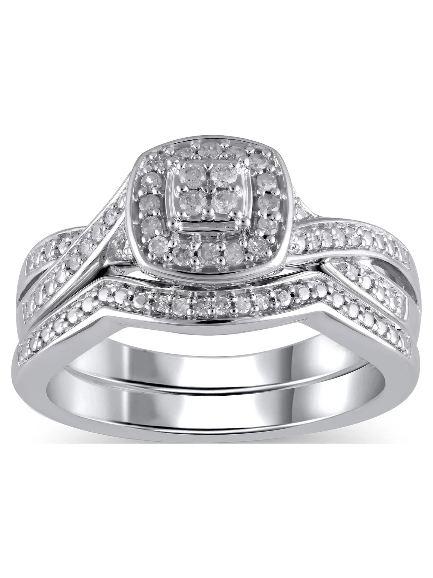 1/5 Carat T.W. (I3 Clarity, I-J Color)  Cushion Shaped Halo Diamond Composite Bridal Set in Sterling Silver, Size 7