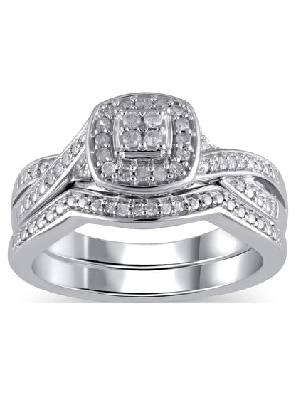 1/5 Carat T.W. (I3 Clarity, I-J Color)  Cushion Shaped Halo Diamond Composite Bridal Set in Sterling Silver, Size 7