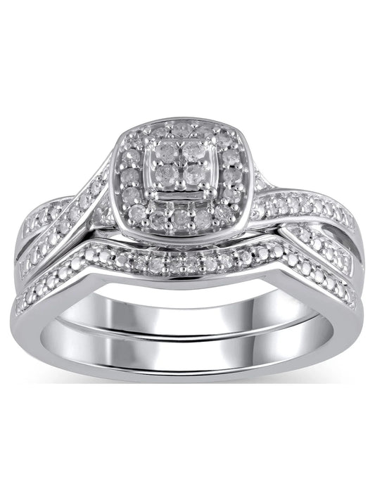 1/5 Carat T.W. (I3 Clarity, I-J Color)  Cushion Shaped Halo Diamond Composite Bridal Set in Sterling Silver, Size 7
