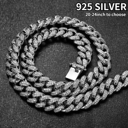 1pc Iced Out Bling Rhinestone Crystal Gold Finish Miami Cuban Link Chain Diamond Gold/925 Silver Men's Hip Hop Necklace or Bracelet Jewelry 8/20/24/28 Inch
