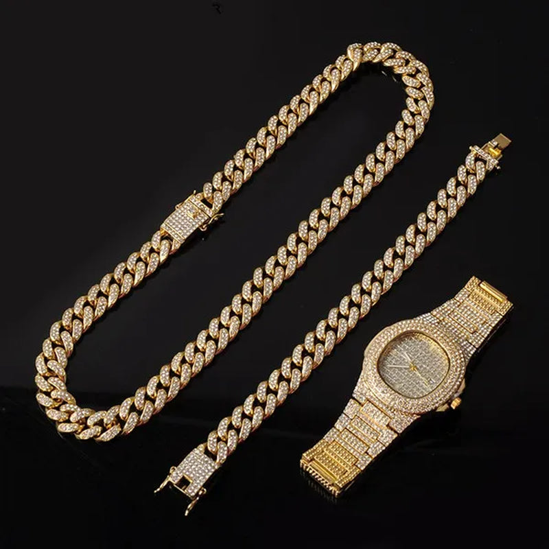 Hip Hop Iced Out Paved Rhinestones 13MM Full Miami Curb Cuban Chain CZ Bling Rapper Necklaces Bracelet Watch for Men Jewelry Set