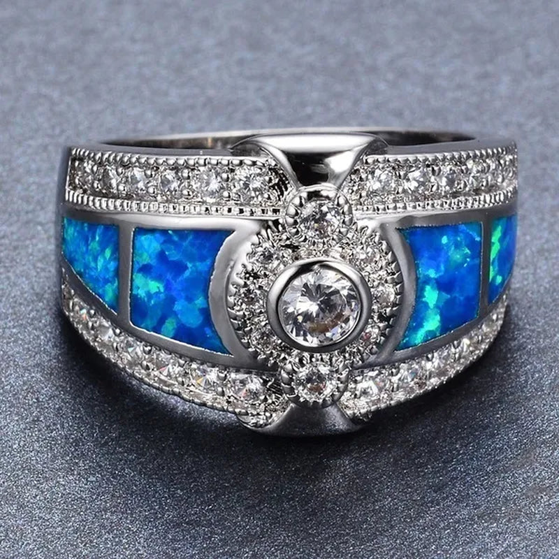 Exquisite 925 Sterling Silver Blue Fire Opal Diamond Ring Men's Women's Marriage Engagement Commitment Ring Size 5 6 7 8 9 10 11 12
