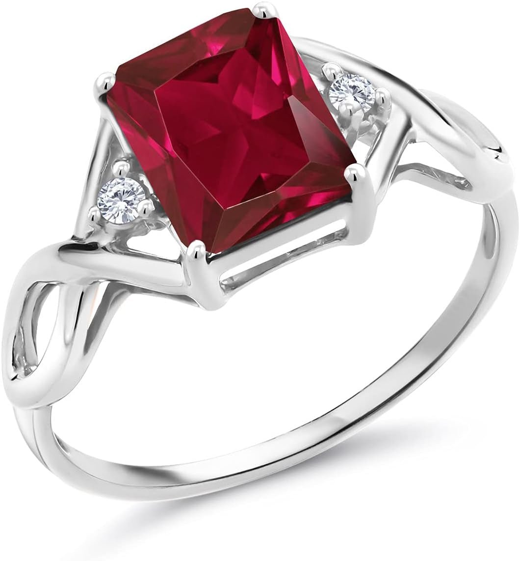 2.88 Cttw Red Created Ruby and White Lab Grown Diamond Ring for Women | 925 Sterling Silver | Available in Size 5, 6, 7, 8, 9 - WORLD TIME VISITS