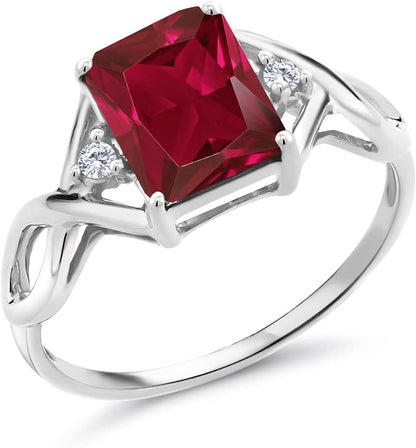 2.88 Cttw Red Created Ruby and White Lab Grown Diamond Ring for Women | 925 Sterling Silver | Available in Size 5, 6, 7, 8, 9 - WORLD TIME VISITS