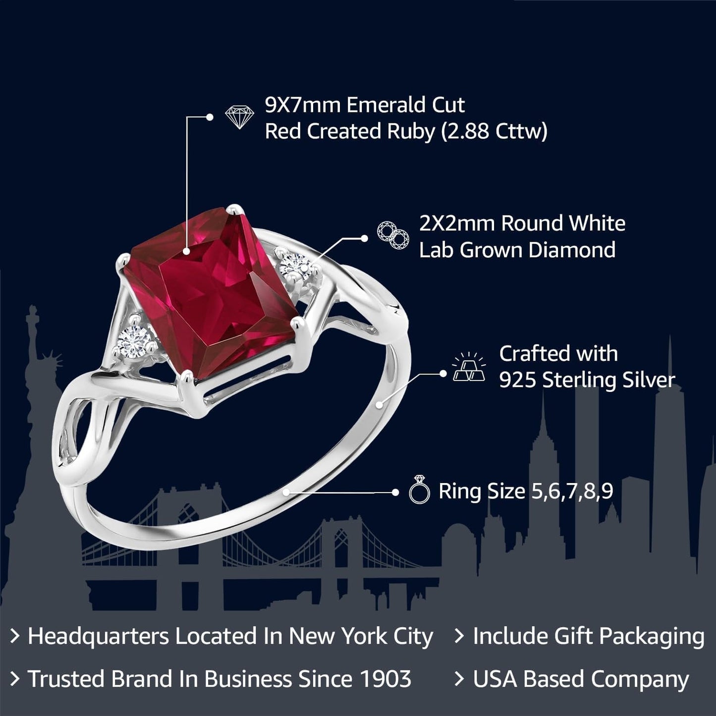 2.88 Cttw Red Created Ruby and White Lab Grown Diamond Ring for Women | 925 Sterling Silver | Available in Size 5, 6, 7, 8, 9 - WORLD TIME VISITS