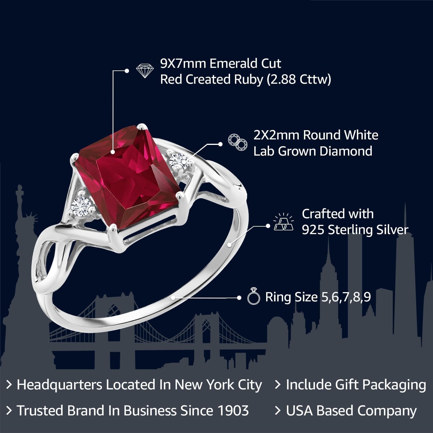 2.88 Cttw Red Created Ruby and White Lab Grown Diamond Ring for Women | 925 Sterling Silver | Available in Size 5, 6, 7, 8, 9 - WORLD TIME VISITS