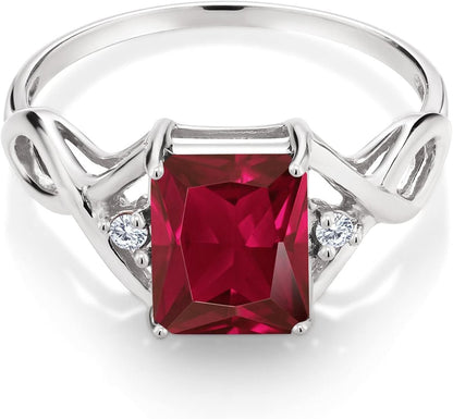 2.88 Cttw Red Created Ruby and White Lab Grown Diamond Ring for Women | 925 Sterling Silver | Available in Size 5, 6, 7, 8, 9