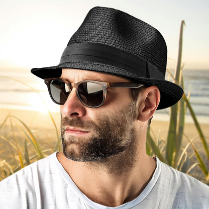 Straw Fedora Hat for Women Men Packable Short Brim Roll up Trilby Hat Panama Summer Beach Sun Hat UPF 50+