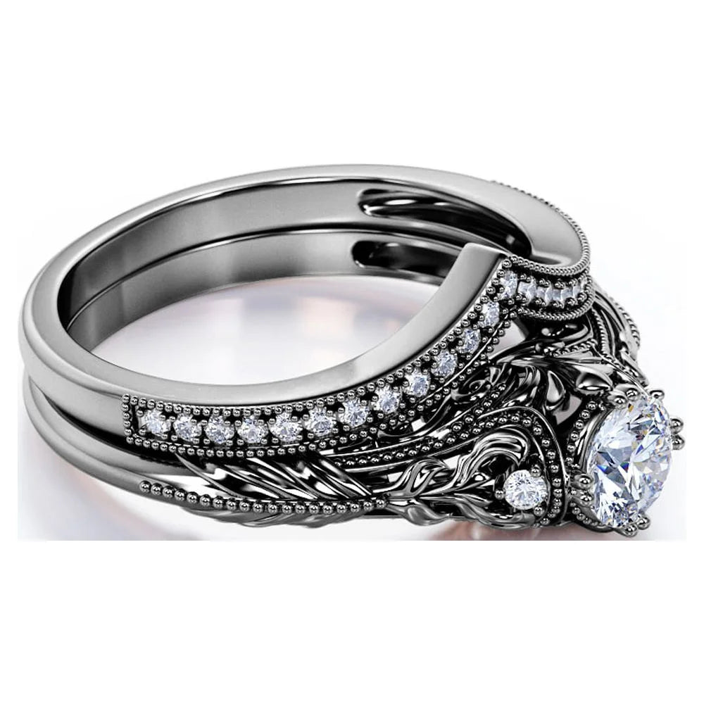 Engraved .68 Carat round Cut Real Diamond Victorian-Inspired Wedding Ring Set with Chevron Wedding Band in 10K Black Gold