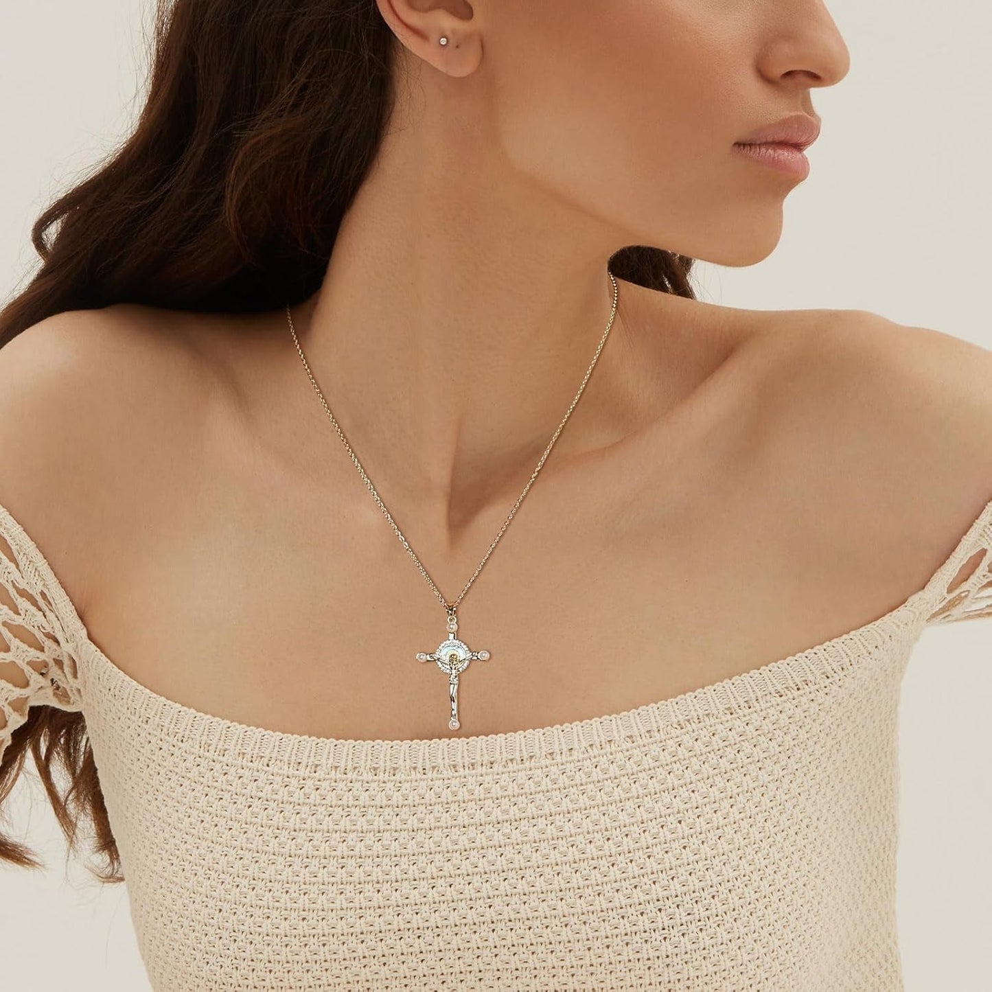 Crucifix Cross Necklace for Women Dainty 14K Gold Plated Cross Pendant Necklace Christian Faith Jewelry Gift