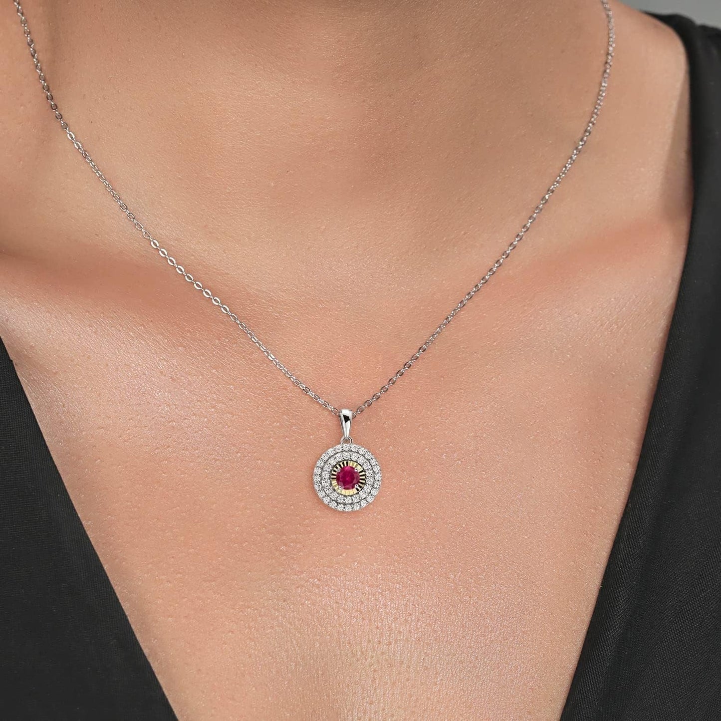 925 Sterling Silver and 10K Yellow Gold round Red Created Ruby and White Moissanite Pendant Necklace for Women (0.59 Cttw, with 18 Inch Chain)