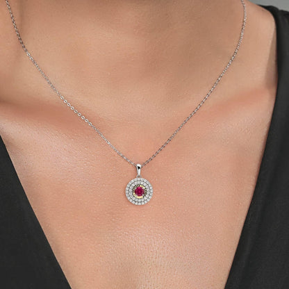 925 Sterling Silver and 10K Yellow Gold round Red Created Ruby and White Moissanite Pendant Necklace for Women (0.59 Cttw, with 18 Inch Chain)