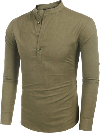 Men'S Cotton Linen Henley T-Shirts Long Sleeve Hippie Casual Beach T-Shirts