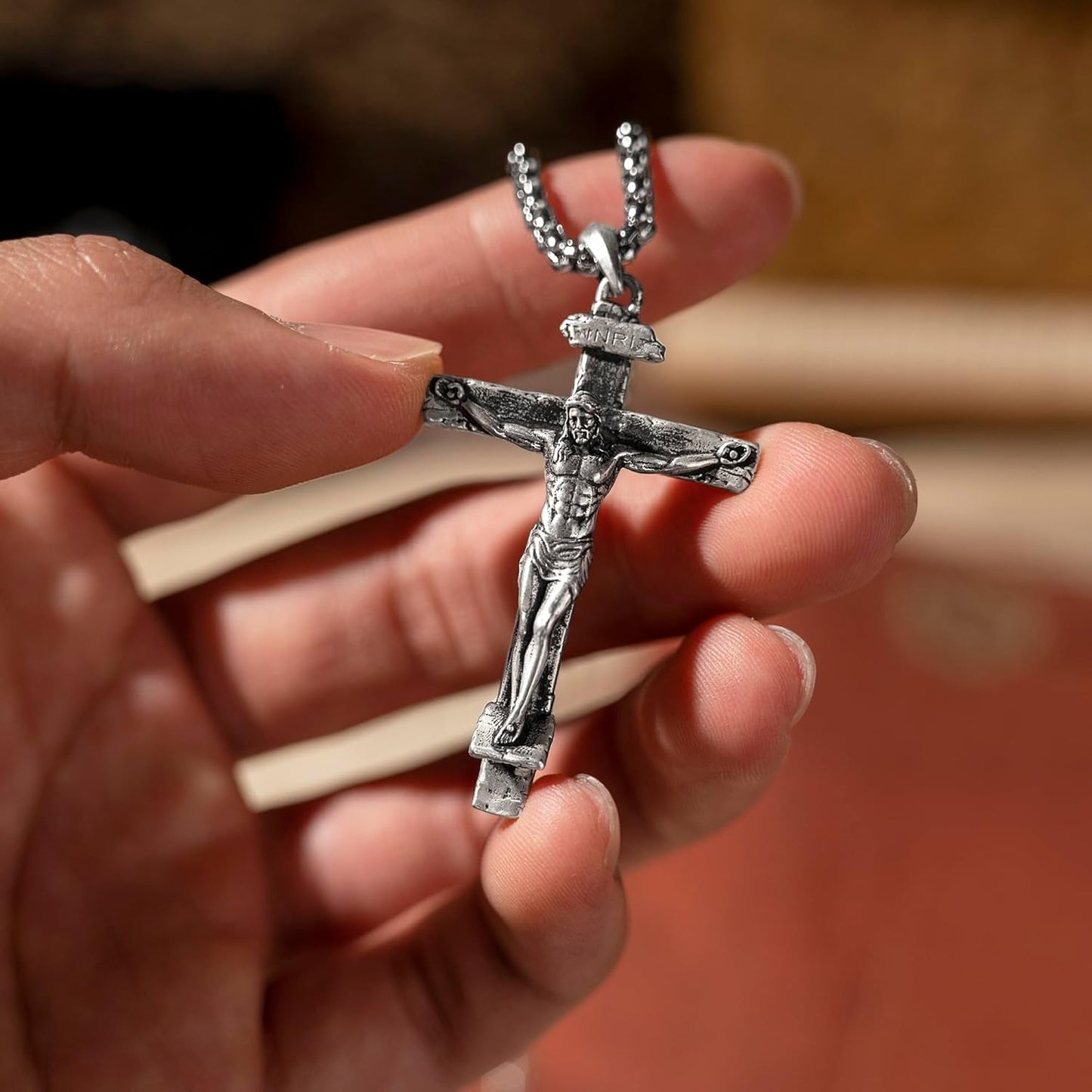 Sterling Silver Crucifix Pendant Necklace for Men Women, Jesus Cross Necklace for Boy Christmas Gift