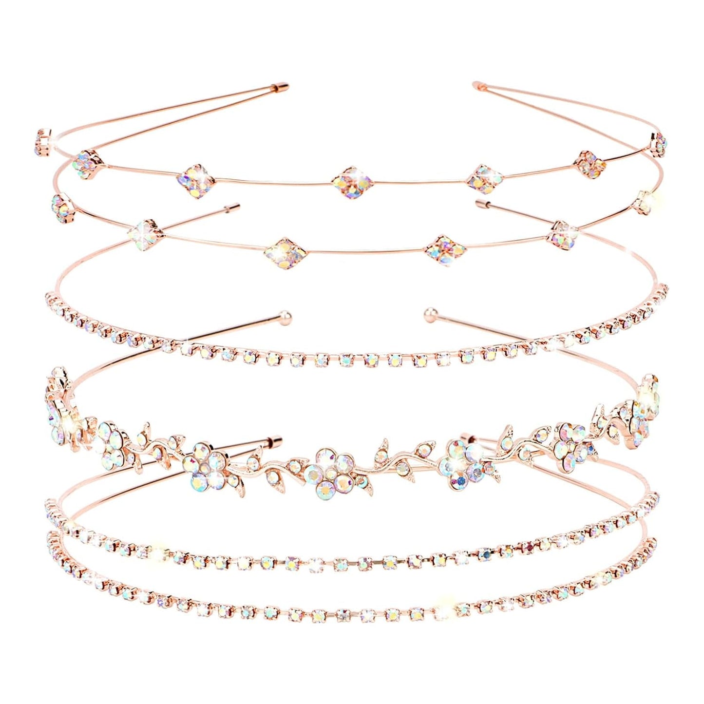 Rose Gold Bridal Headband 4 Pieces Rhinestone Headbands AB Crystal Flower Girl Leaves Crown Head Band Tiara Wedding Hair Accessories - WORLD TIME VISITS