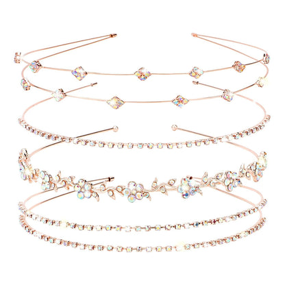 Rose Gold Bridal Headband 4 Pieces Rhinestone Headbands AB Crystal Flower Girl Leaves Crown Head Band Tiara Wedding Hair Accessories - WORLD TIME VISITS
