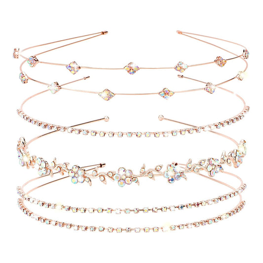 Rose Gold Bridal Headband 4 Pieces Rhinestone Headbands AB Crystal Flower Girl Leaves Crown Head Band Tiara Wedding Hair Accessories - WORLD TIME VISITS
