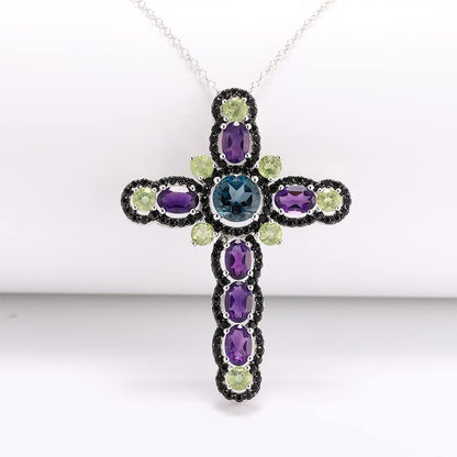 Women'S Stunning Colorful Diamond Cross Pendant Sterling Silver Chain Gemstone Cross Necklaces 18", Various Styles