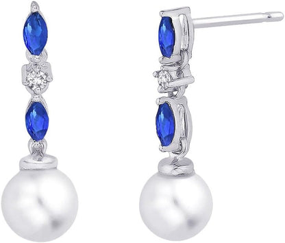 Cultured Freshwater Pearl and 1/20 Ct. Diamond with 1/2 Ct. Sapphire Earrings in 14K White Gold - WORLD TIME VISITS