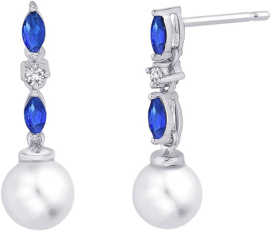 Cultured Freshwater Pearl and 1/20 Ct. Diamond with 1/2 Ct. Sapphire Earrings in 14K White Gold - WORLD TIME VISITS