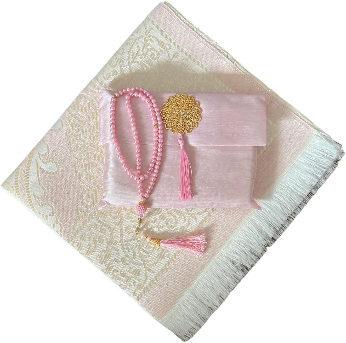 Muslim Prayer Rug and Beads with Elegant Slub Fabric Bag | Janamaz | Sajadah | Soft Islamic Prayer Rug | Islamic & Mawlid Gifts | Prayer Carpet Mat, Taffeta Fabric (Pink, 1 Sets)