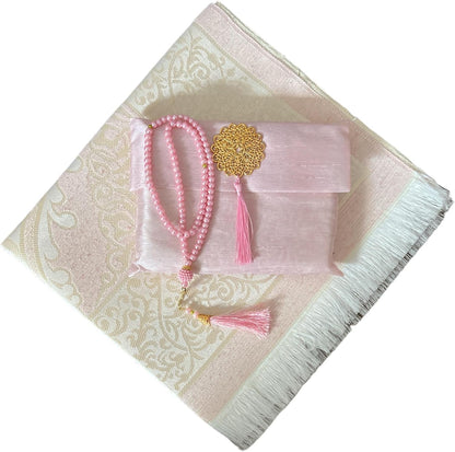Muslim Prayer Rug and Beads with Elegant Slub Fabric Bag | Janamaz | Sajadah | Soft Islamic Prayer Rug | Islamic & Mawlid Gifts | Prayer Carpet Mat, Taffeta Fabric (Pink, 1 Sets)
