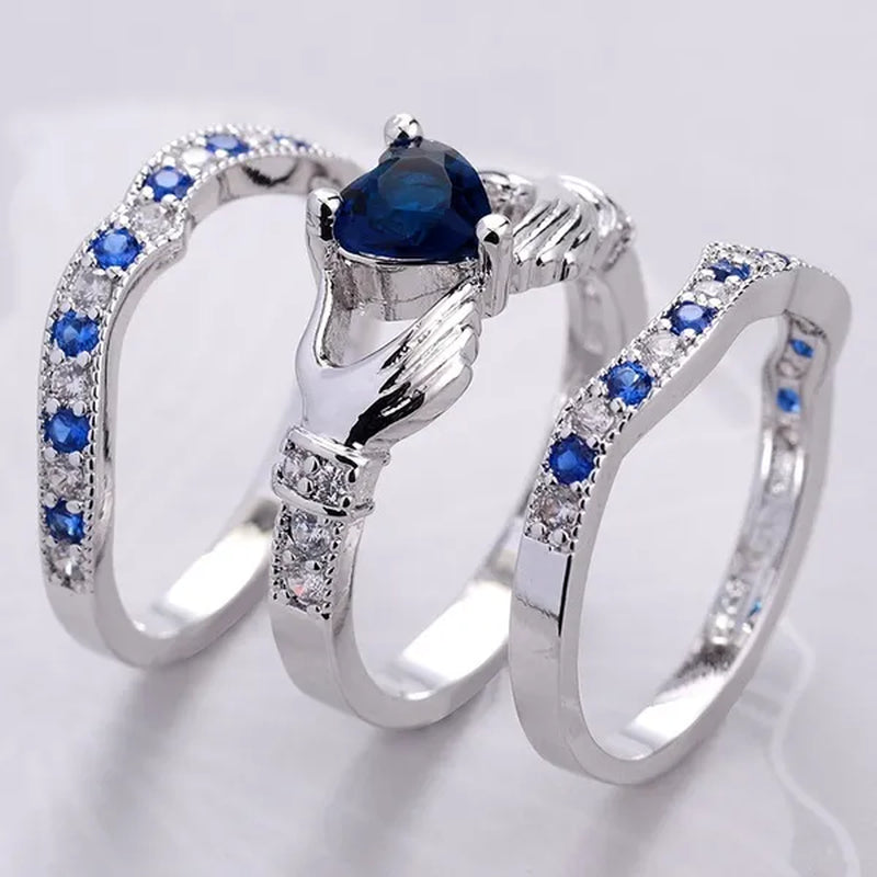 3-Piece Heart Amethyst Women'S Ring Wedding Ring Set Green Red Blue Fashion Jewelry Size 5-12