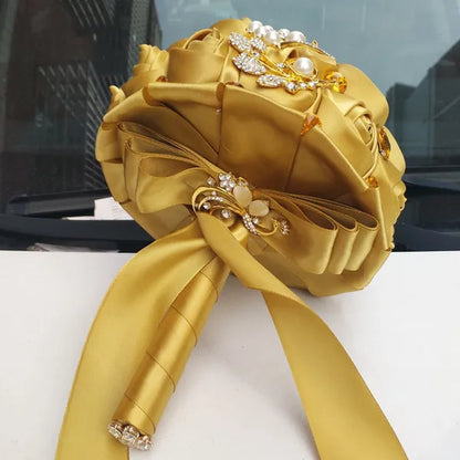 Private Custom 18CM Wedding Bouquet Luxury Gold Crystal Brooch Bride Bouquet Pure Handmade Silk Rose Ribbon Wedding Bride Holding Flowers Multi-color Optional - WORLD TIME VISITS
