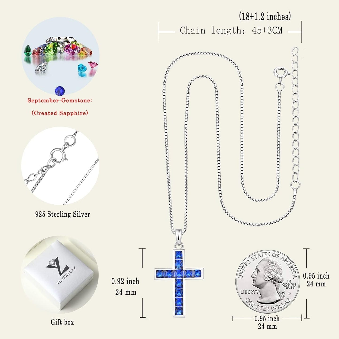 925 Sterling Silver Cross Necklace for Women Halo Pendant Princess Cut Birthstone Jewelry for Mom