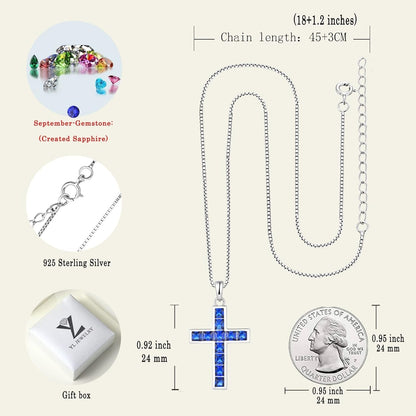 925 Sterling Silver Cross Necklace for Women Halo Pendant Princess Cut Birthstone Jewelry for Mom