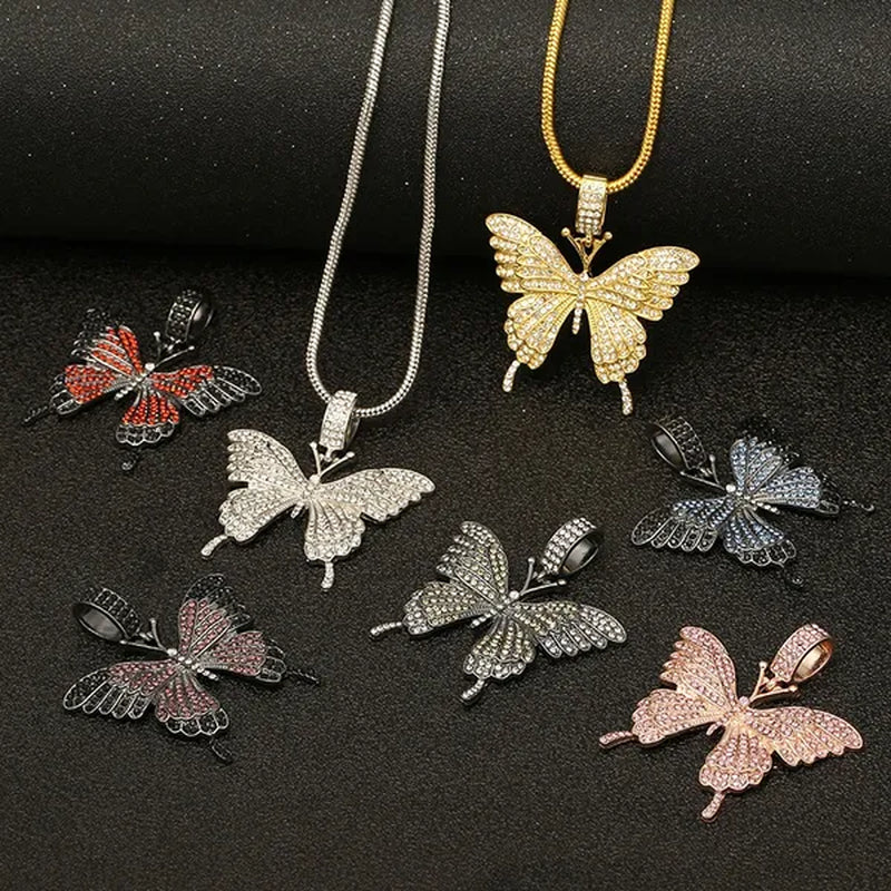 Colorful butterfly pendant necklace set with diamond alloy, snake chain, hip hop necklace for men and women