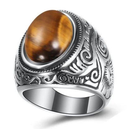 Vintage Men's Gemstone Ring Stainless Steel Single Turquoise Agate Tiger Eye Stone Rings Jewelry Gift for Men Women Boyfriend Girlfriend
