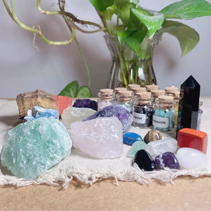 29 Crystals and Healing Stones Gemstone Bottles Chip,Raw Chakra Stones,Black Obsidian Wands,Witchcraft Supplies Healing Crystals Set,Chakra Healing Witchy Room Décor Meditation Therapy Crystals