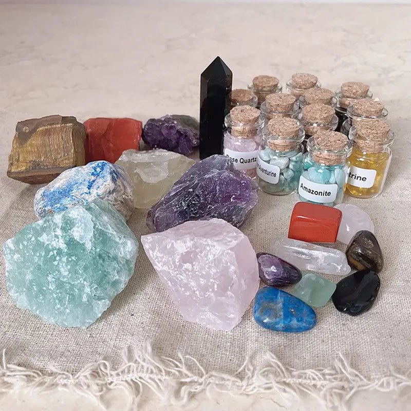 29 Crystals and Healing Stones Gemstone Bottles Chip,Raw Chakra Stones,Black Obsidian Wands,Witchcraft Supplies Healing Crystals Set,Chakra Healing Witchy Room Décor Meditation Therapy Crystals - WORLD TIME VISITS