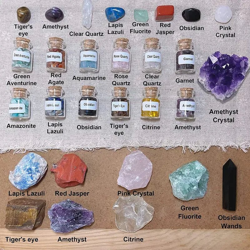 29 Crystals and Healing Stones Gemstone Bottles Chip,Raw Chakra Stones,Black Obsidian Wands,Witchcraft Supplies Healing Crystals Set,Chakra Healing Witchy Room Décor Meditation Therapy Crystals - WORLD TIME VISITS