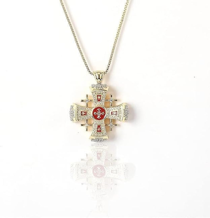 Crusaders Jerusalem Cross Pendant Necklace Gold Plating 18K Enamel Crystallized Stones 1.3" - WORLD TIME VISITS