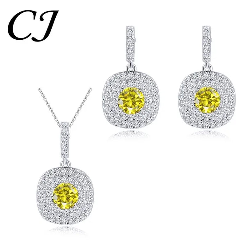 CANDICE 1 Set White Gold Plated Jewelry Set Full Clear CZ Crystal Pendant Necklace Earrings Sets with YELLOW Zirconia Stone