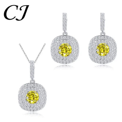 CANDICE 1 Set White Gold Plated Jewelry Set Full Clear CZ Crystal Pendant Necklace Earrings Sets with YELLOW Zirconia Stone