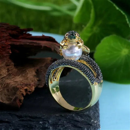 Genuine Women's Ring 9.68CT Tsavorite Rich Frog Pearl Wealth Rings Black Sapphire Jewelry Golden Wedding Band Size 6 - 10